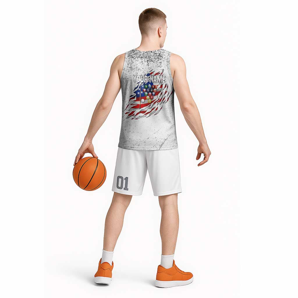 Custom American Flag Billiards Basketball Jersey with Ripped Design Pool Ball Graphic - Wonder Print Shop