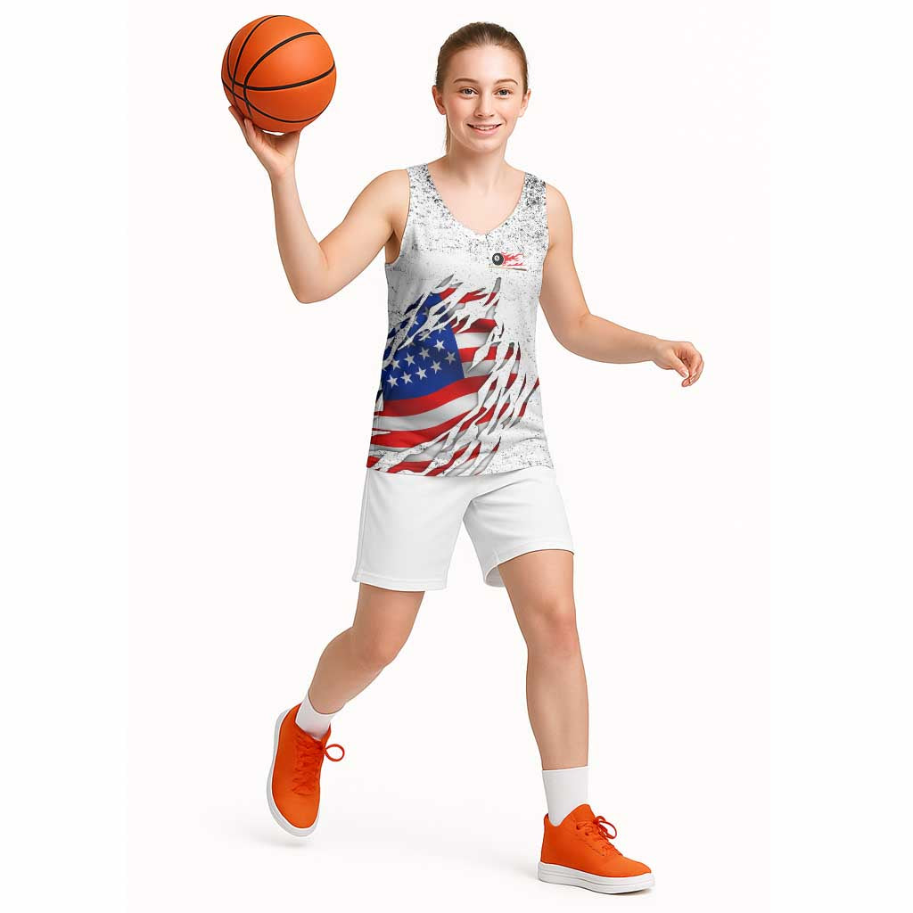 Custom American Flag Billiards Basketball Jersey with Ripped Design Pool Ball Graphic - Wonder Print Shop