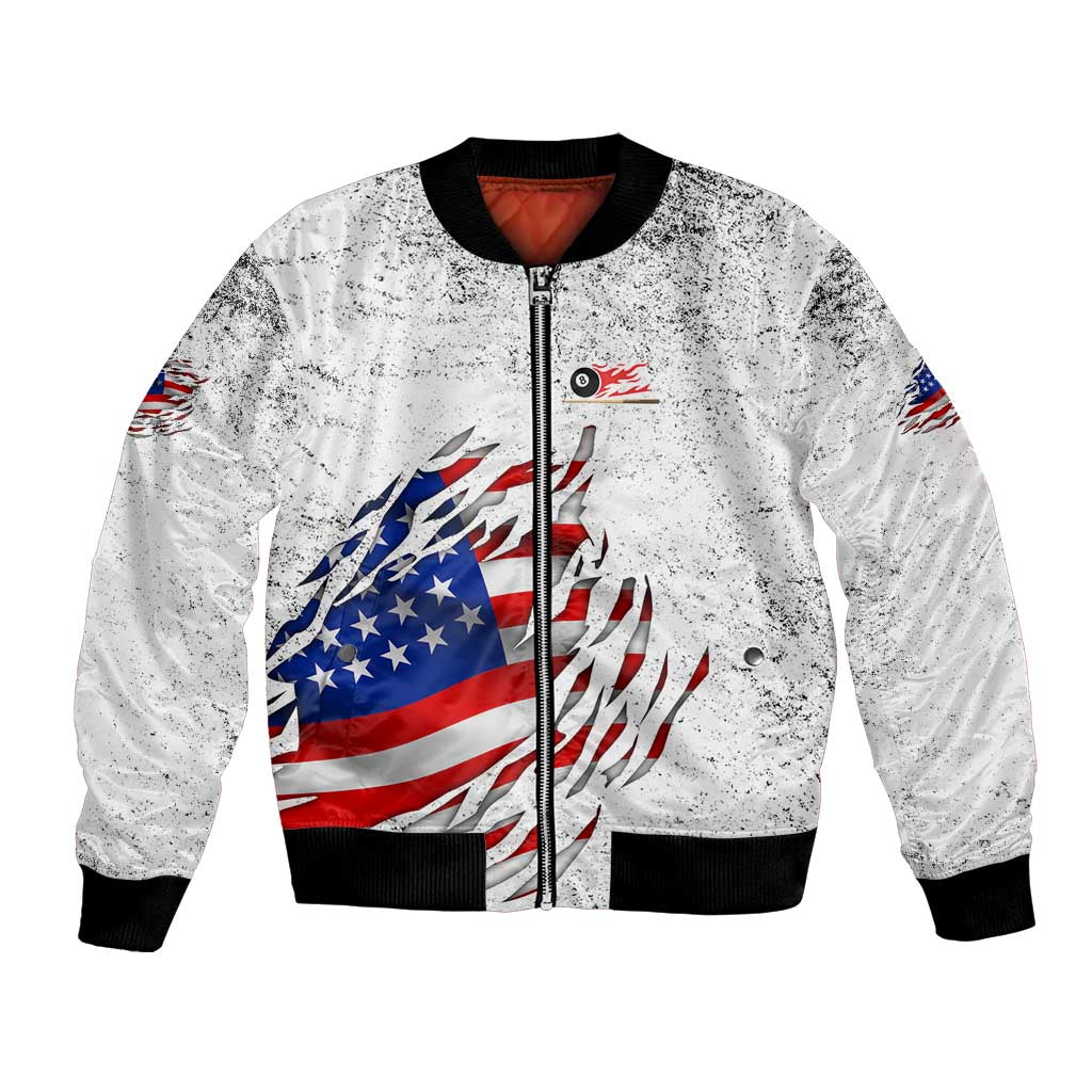 Custom American Flag Billiards Bomber Jacket with Ripped Design Pool Ball Graphic - Wonder Print Shop