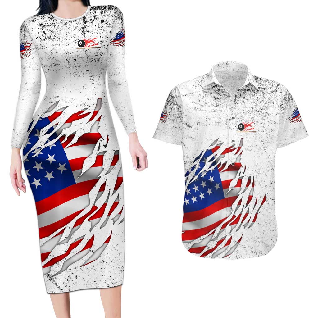 Custom American Flag Billiards Couples Matching Long Sleeve Bodycon Dress and Hawaiian Shirt with Ripped Design Pool Ball Graphic - Wonder Print Shop