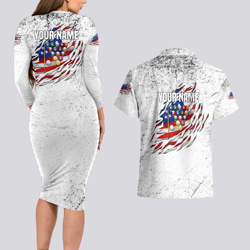 Custom American Flag Billiards Couples Matching Long Sleeve Bodycon Dress and Hawaiian Shirt with Ripped Design Pool Ball Graphic - Wonder Print Shop