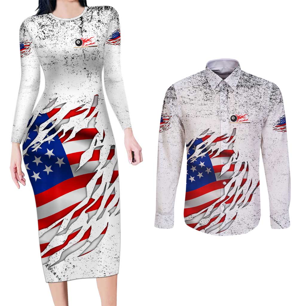 Custom American Flag Billiards Couples Matching Long Sleeve Bodycon Dress and Long Sleeve Button Shirt with Ripped Design Pool Ball Graphic - Wonder Print Shop