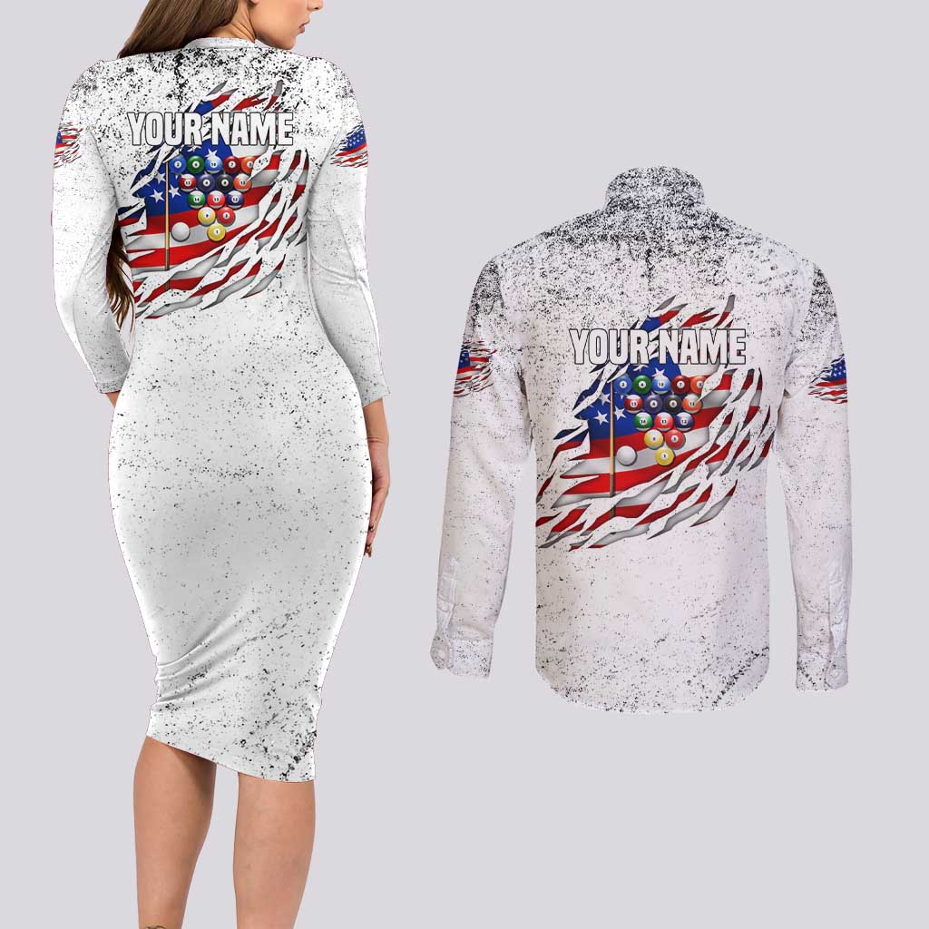 Custom American Flag Billiards Couples Matching Long Sleeve Bodycon Dress and Long Sleeve Button Shirt with Ripped Design Pool Ball Graphic - Wonder Print Shop