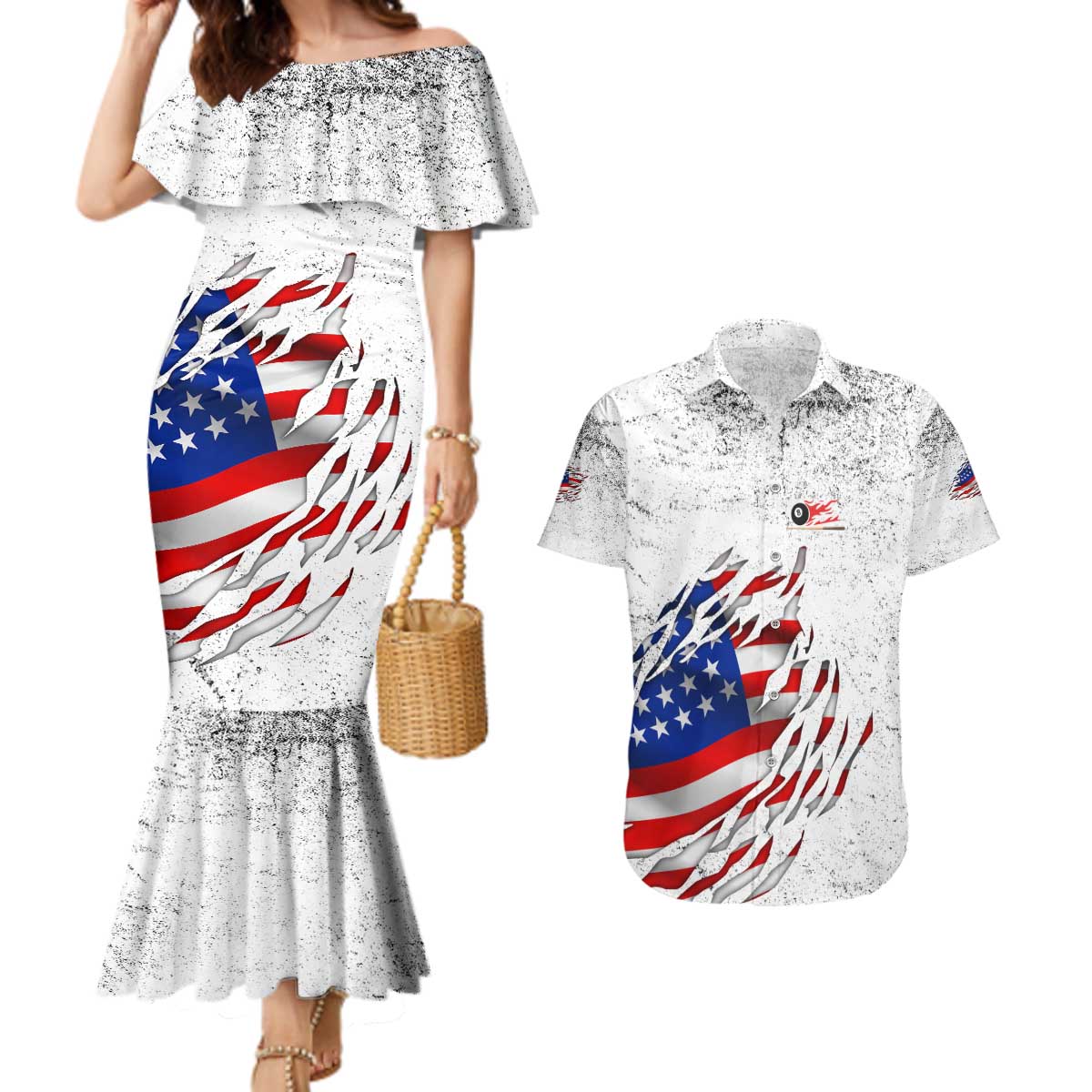 Custom American Flag Billiards Couples Matching Mermaid Dress and Hawaiian Shirt with Ripped Design Pool Ball Graphic - Wonder Print Shop