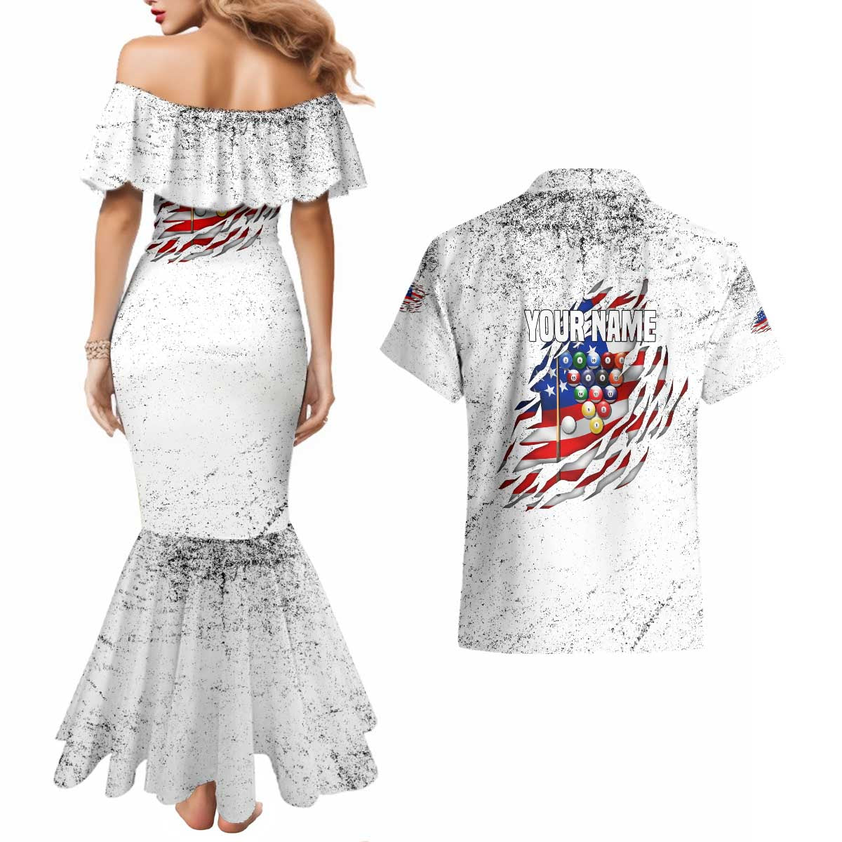 Custom American Flag Billiards Couples Matching Mermaid Dress and Hawaiian Shirt with Ripped Design Pool Ball Graphic - Wonder Print Shop
