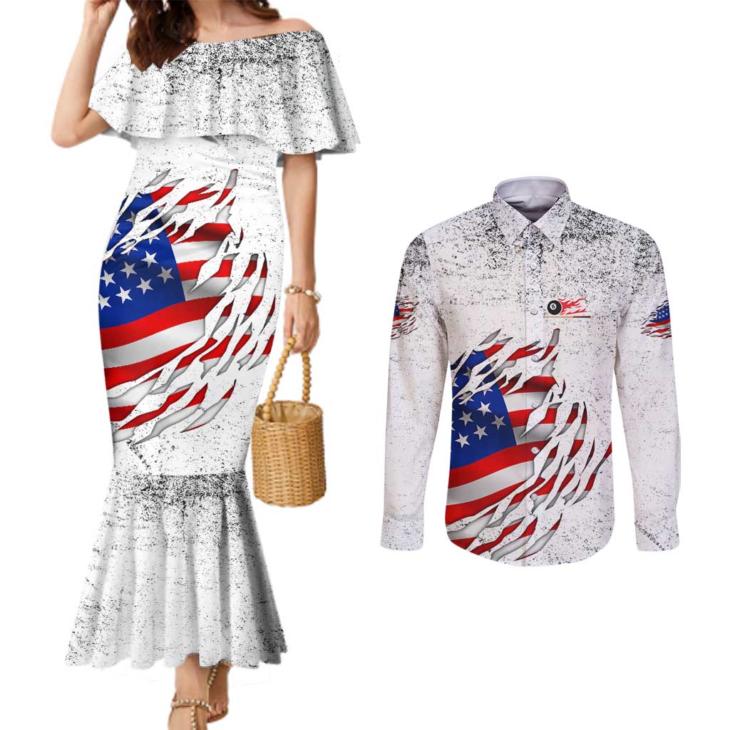 Custom American Flag Billiards Couples Matching Mermaid Dress and Long Sleeve Button Shirt with Ripped Design Pool Ball Graphic - Wonder Print Shop