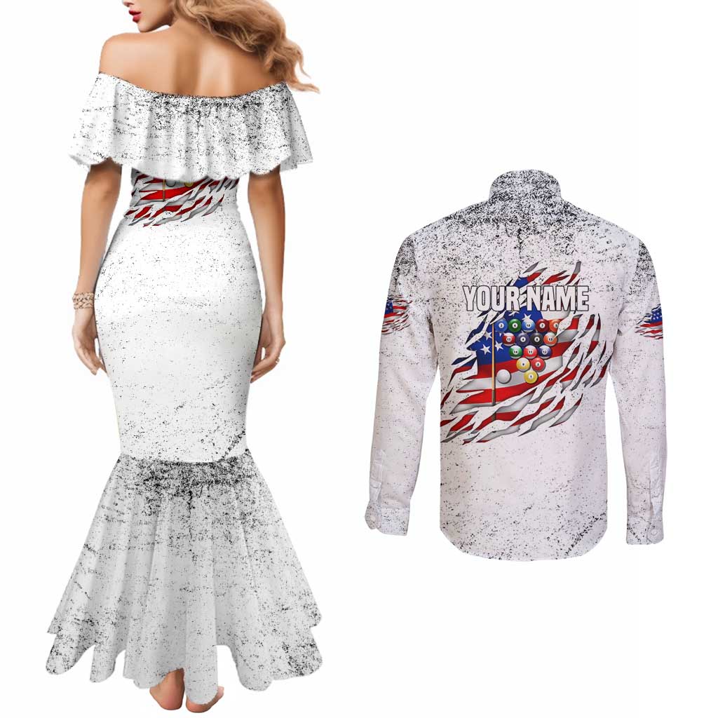 Custom American Flag Billiards Couples Matching Mermaid Dress and Long Sleeve Button Shirt with Ripped Design Pool Ball Graphic - Wonder Print Shop