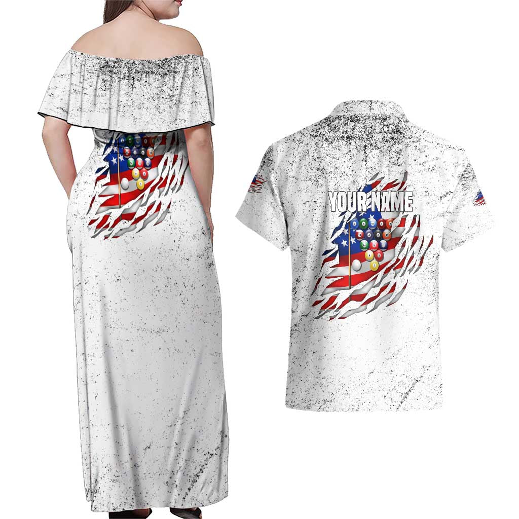 Custom American Flag Billiards Couples Matching Off Shoulder Maxi Dress and Hawaiian Shirt with Ripped Design Pool Ball Graphic - Wonder Print Shop