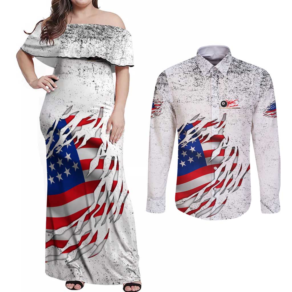 Custom American Flag Billiards Couples Matching Off Shoulder Maxi Dress and Long Sleeve Button Shirt with Ripped Design Pool Ball Graphic - Wonder Print Shop