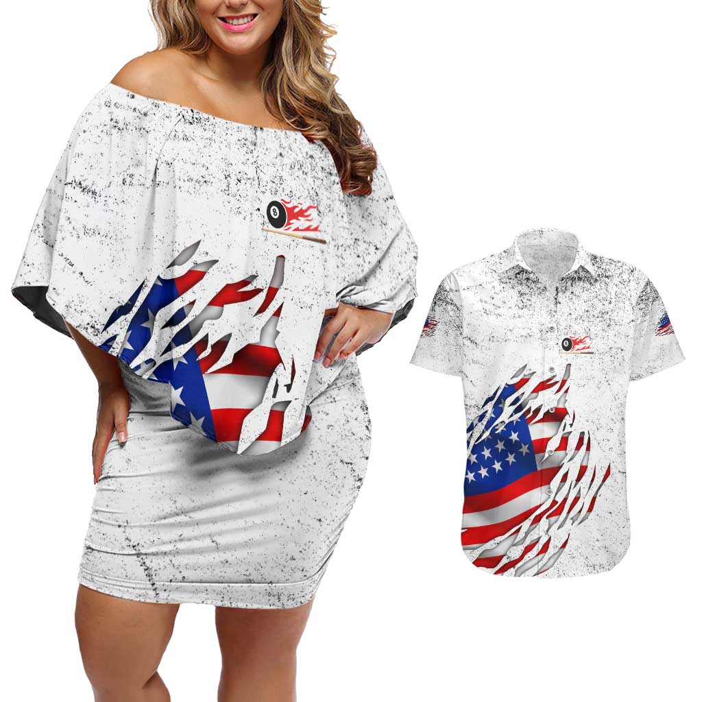 Custom American Flag Billiards Couples Matching Off Shoulder Short Dress and Hawaiian Shirt with Ripped Design Pool Ball Graphic - Wonder Print Shop