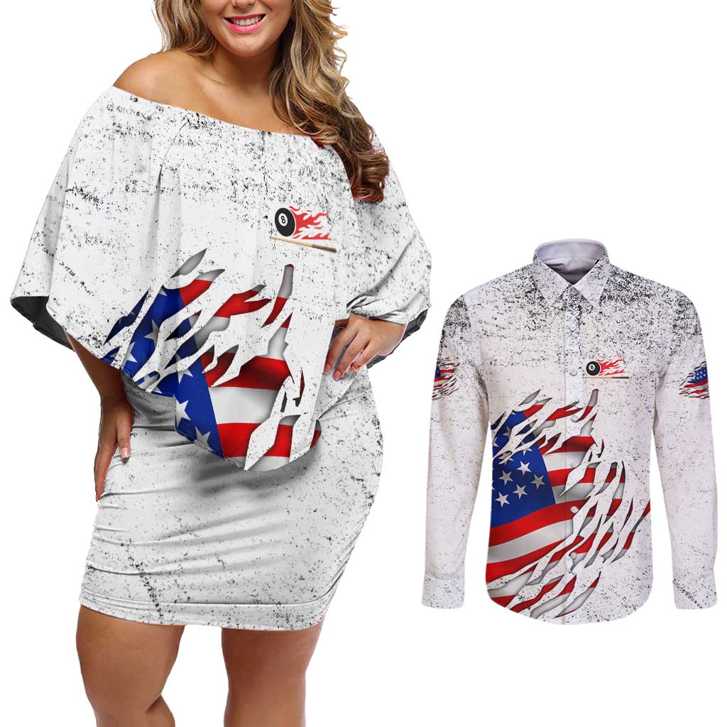 Custom American Flag Billiards Couples Matching Off Shoulder Short Dress and Long Sleeve Button Shirt with Ripped Design Pool Ball Graphic - Wonder Print Shop