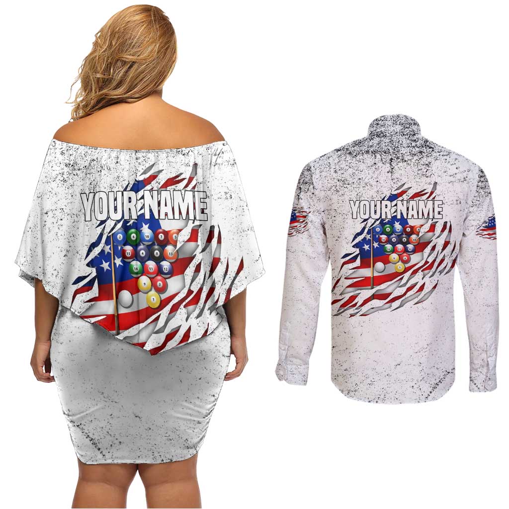 Custom American Flag Billiards Couples Matching Off Shoulder Short Dress and Long Sleeve Button Shirt with Ripped Design Pool Ball Graphic - Wonder Print Shop