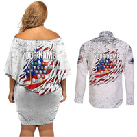Custom American Flag Billiards Couples Matching Off Shoulder Short Dress and Long Sleeve Button Shirt with Ripped Design Pool Ball Graphic - Wonder Print Shop