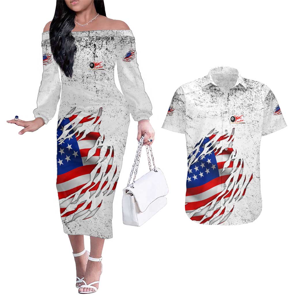 Custom American Flag Billiards Couples Matching Off The Shoulder Long Sleeve Dress and Hawaiian Shirt with Ripped Design Pool Ball Graphic - Wonder Print Shop