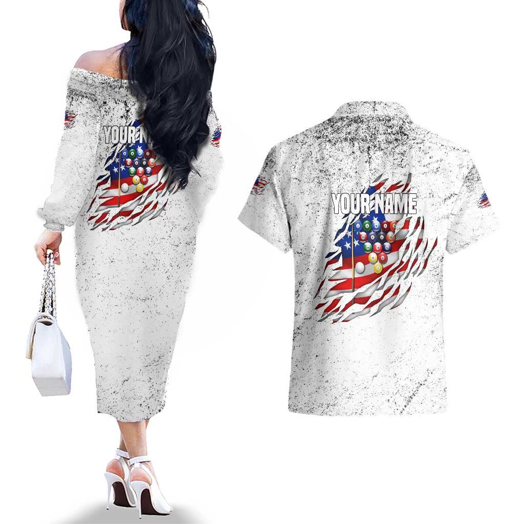 Custom American Flag Billiards Couples Matching Off The Shoulder Long Sleeve Dress and Hawaiian Shirt with Ripped Design Pool Ball Graphic - Wonder Print Shop