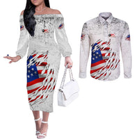 Custom American Flag Billiards Couples Matching Off The Shoulder Long Sleeve Dress and Long Sleeve Button Shirt with Ripped Design Pool Ball Graphic - Wonder Print Shop