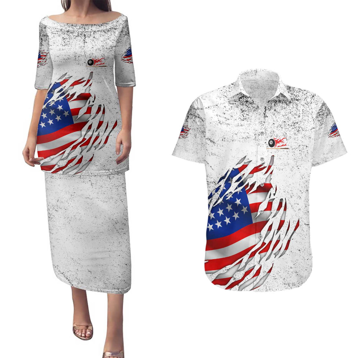 Custom American Flag Billiards Couples Matching Puletasi and Hawaiian Shirt with Ripped Design Pool Ball Graphic - Wonder Print Shop