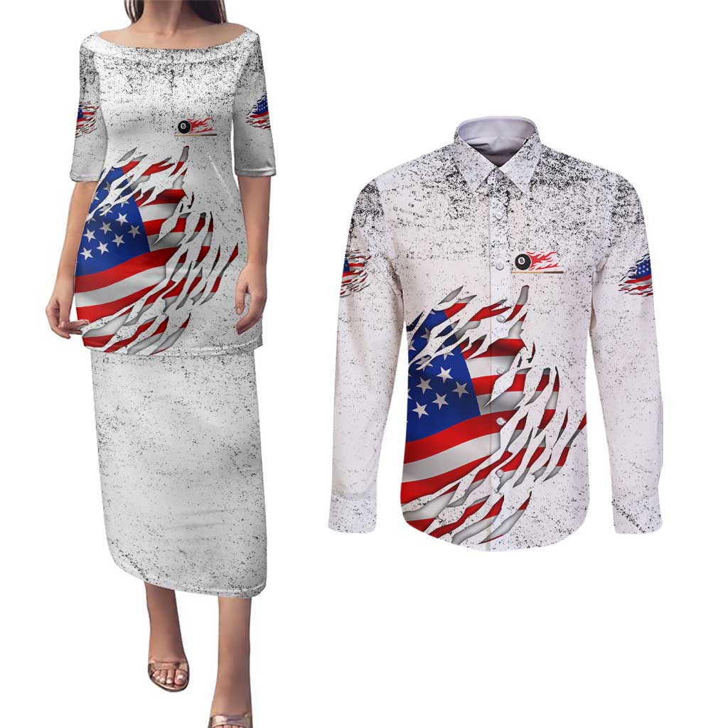 Custom American Flag Billiards Couples Matching Puletasi and Long Sleeve Button Shirt with Ripped Design Pool Ball Graphic - Wonder Print Shop