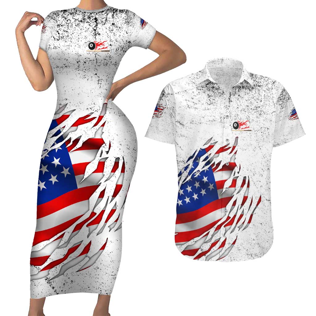 Custom American Flag Billiards Couples Matching Short Sleeve Bodycon Dress and Hawaiian Shirt with Ripped Design Pool Ball Graphic - Wonder Print Shop