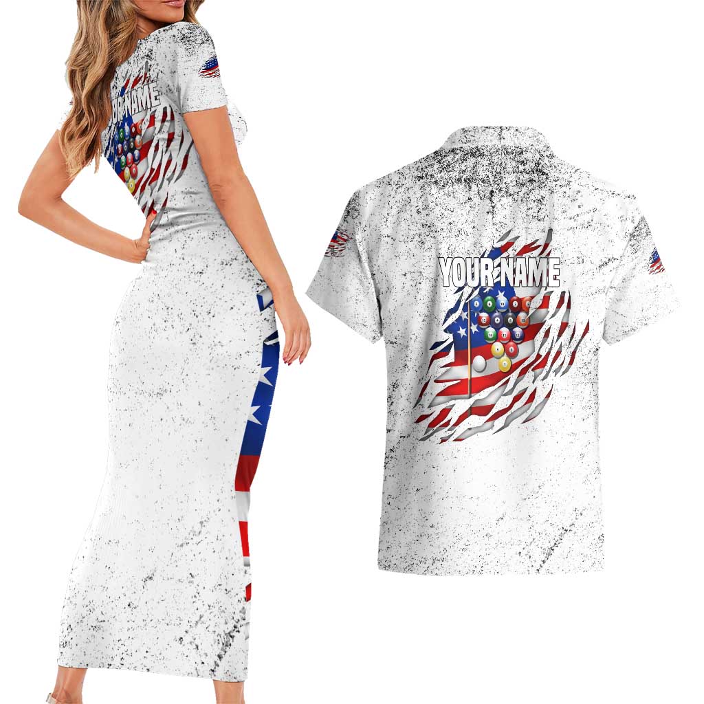 Custom American Flag Billiards Couples Matching Short Sleeve Bodycon Dress and Hawaiian Shirt with Ripped Design Pool Ball Graphic - Wonder Print Shop