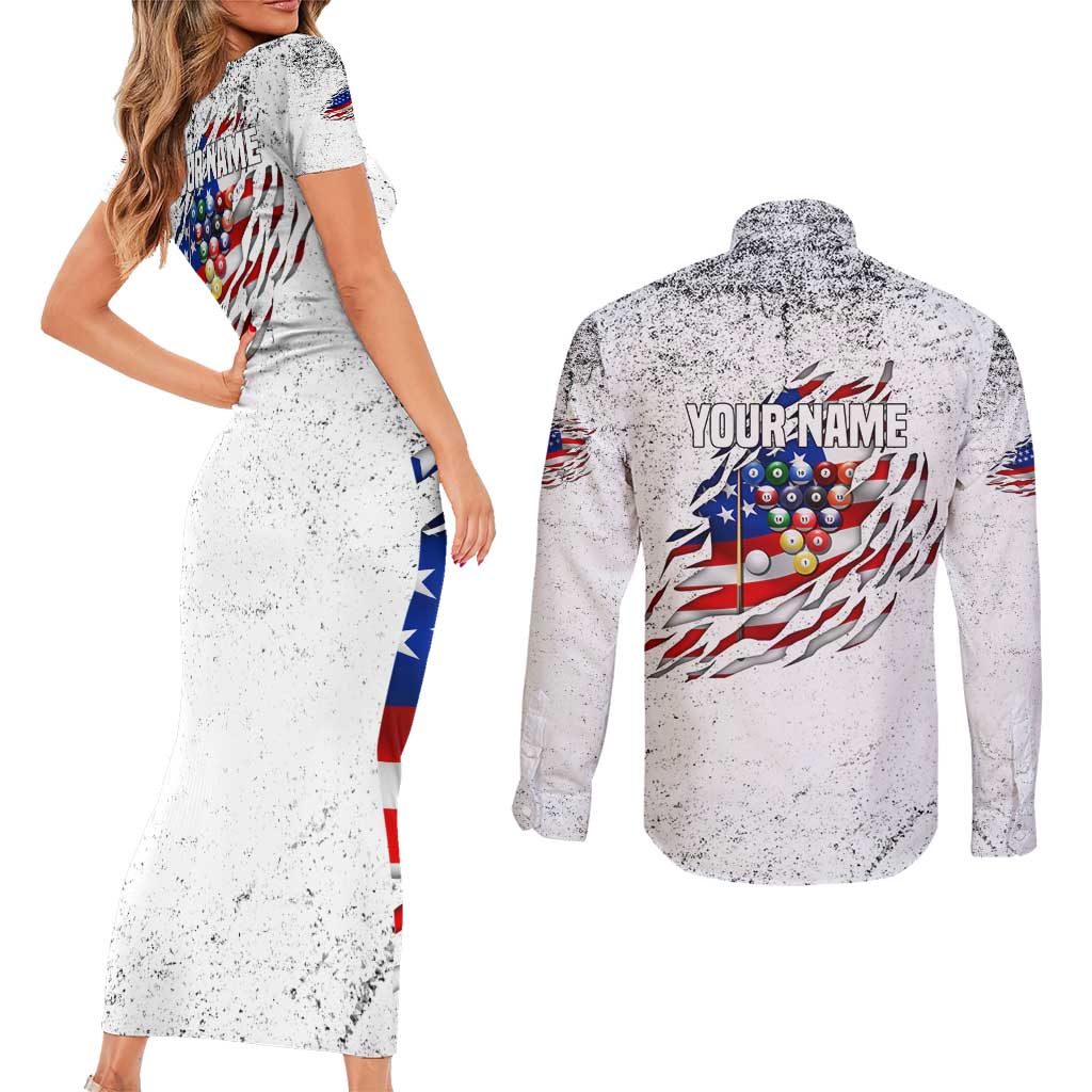 Custom American Flag Billiards Couples Matching Short Sleeve Bodycon Dress and Long Sleeve Button Shirt with Ripped Design Pool Ball Graphic - Wonder Print Shop