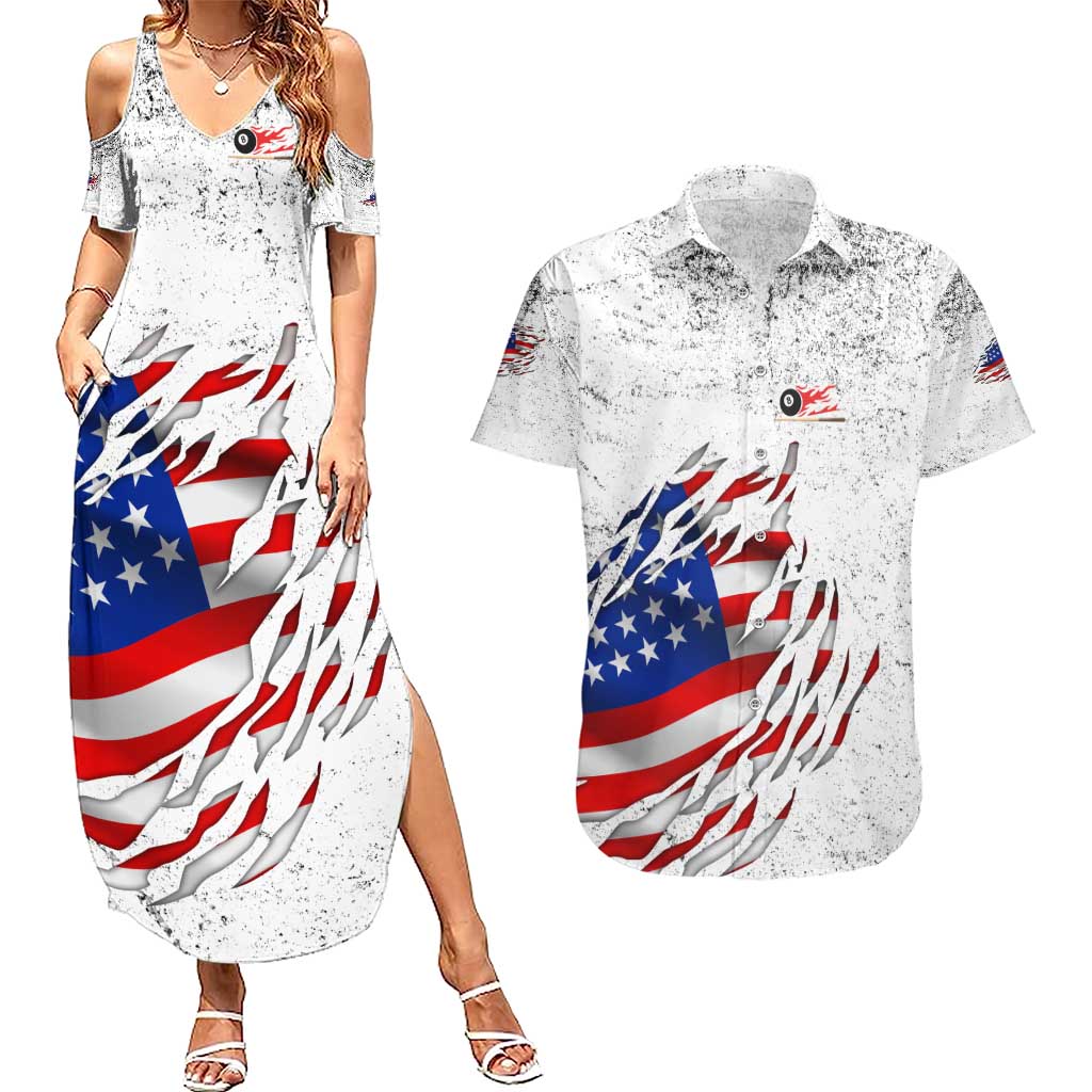 Custom American Flag Billiards Couples Matching Summer Maxi Dress and Hawaiian Shirt with Ripped Design Pool Ball Graphic - Wonder Print Shop