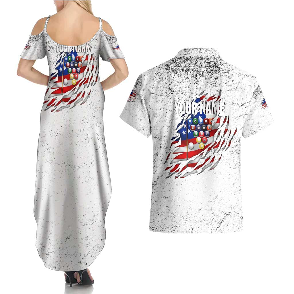 Custom American Flag Billiards Couples Matching Summer Maxi Dress and Hawaiian Shirt with Ripped Design Pool Ball Graphic - Wonder Print Shop