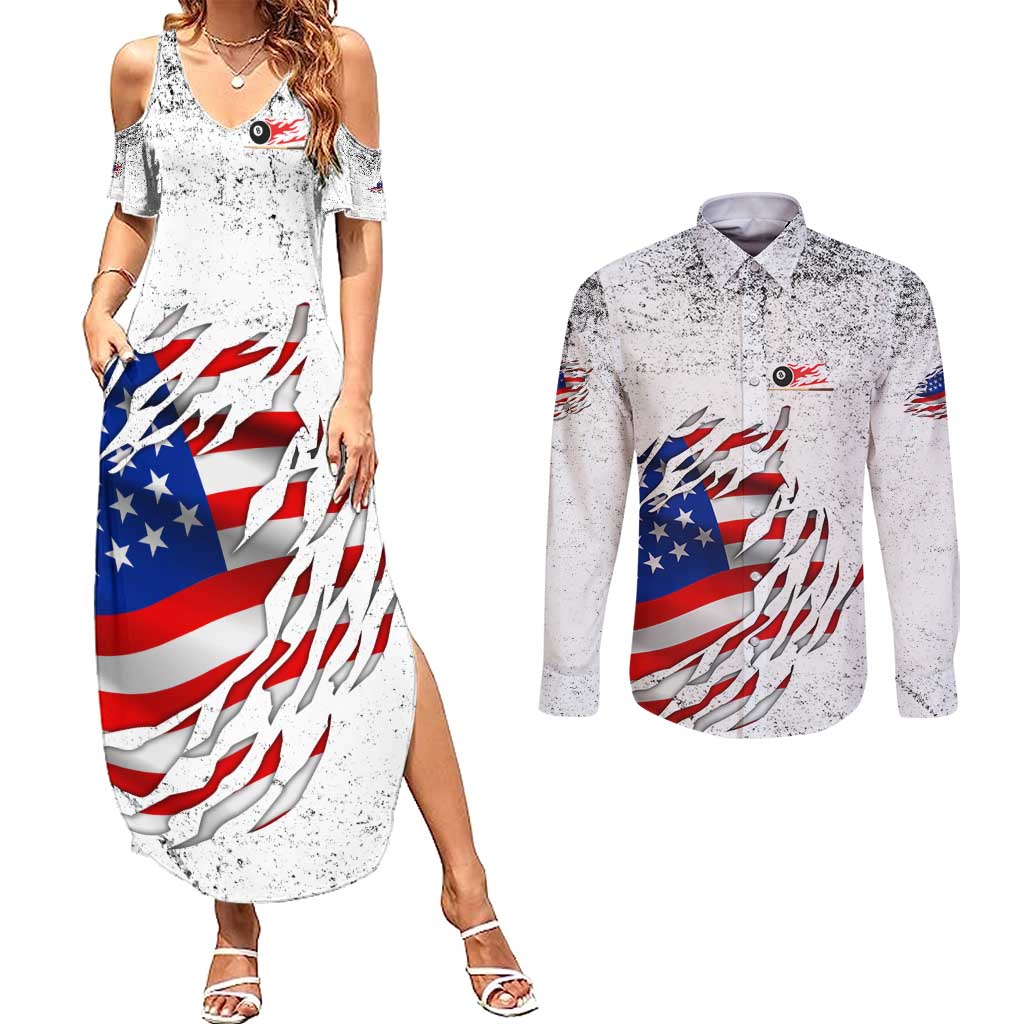 Custom American Flag Billiards Couples Matching Summer Maxi Dress and Long Sleeve Button Shirt with Ripped Design Pool Ball Graphic - Wonder Print Shop