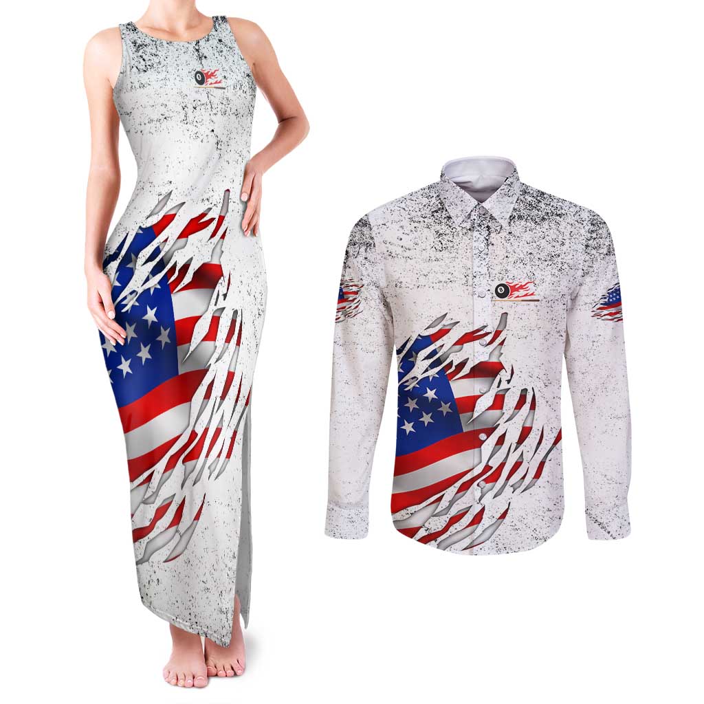 Custom American Flag Billiards Couples Matching Tank Maxi Dress and Long Sleeve Button Shirt with Ripped Design Pool Ball Graphic - Wonder Print Shop