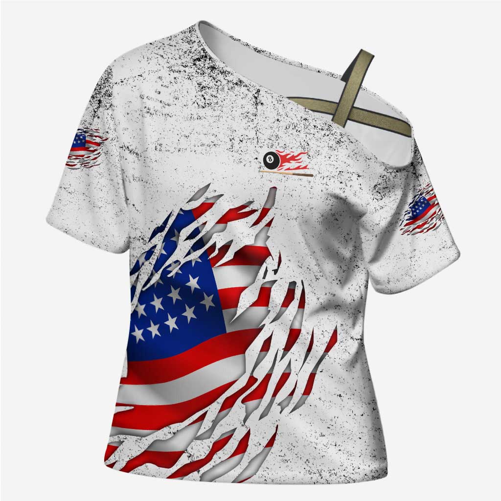 Custom American Flag Billiards Cross Shoulder Shirt with Ripped Design Pool Ball Graphic - Wonder Print Shop