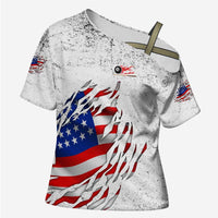 Custom American Flag Billiards Cross Shoulder Shirt with Ripped Design Pool Ball Graphic - Wonder Print Shop