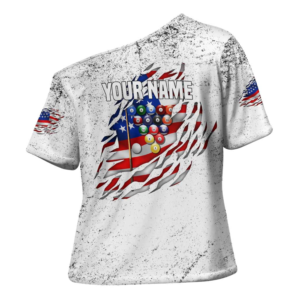 Custom American Flag Billiards Cross Shoulder Shirt with Ripped Design Pool Ball Graphic - Wonder Print Shop