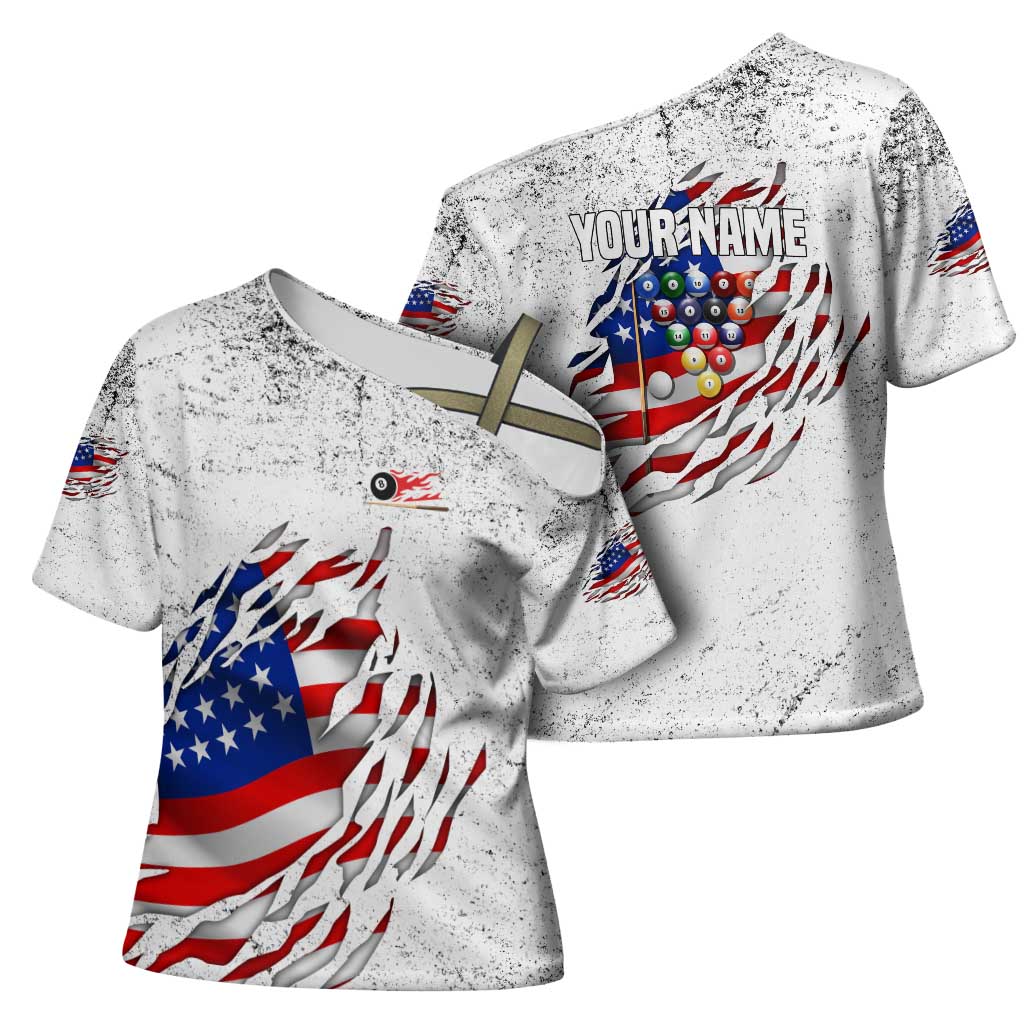 Custom American Flag Billiards Cross Shoulder Shirt with Ripped Design Pool Ball Graphic - Wonder Print Shop