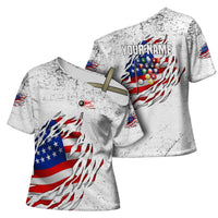 Custom American Flag Billiards Cross Shoulder Shirt with Ripped Design Pool Ball Graphic - Wonder Print Shop