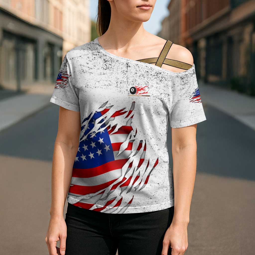 Custom American Flag Billiards Cross Shoulder Shirt with Ripped Design Pool Ball Graphic - Wonder Print Shop