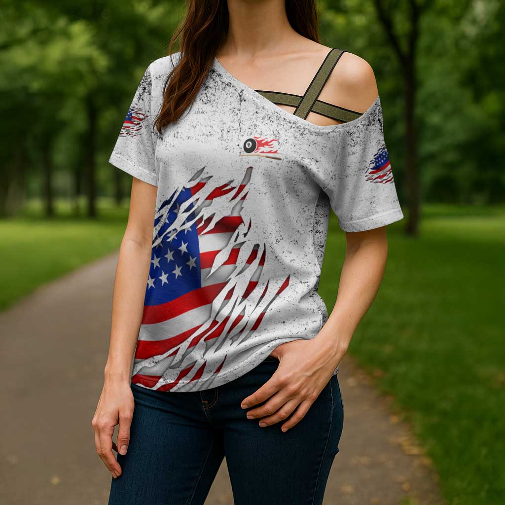 Custom American Flag Billiards Cross Shoulder Shirt with Ripped Design Pool Ball Graphic - Wonder Print Shop