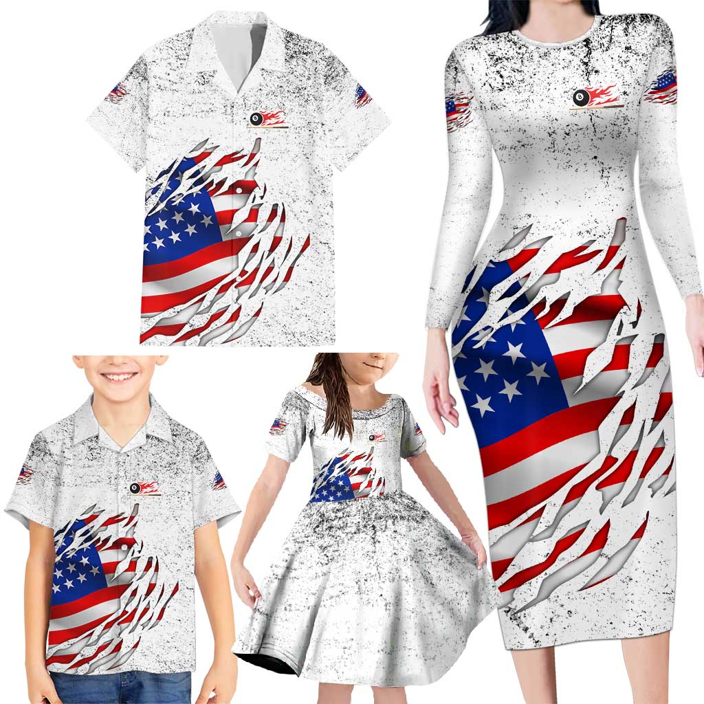 Custom American Flag Billiards Family Matching Long Sleeve Bodycon Dress and Hawaiian Shirt with Ripped Design Pool Ball Graphic - Wonder Print Shop