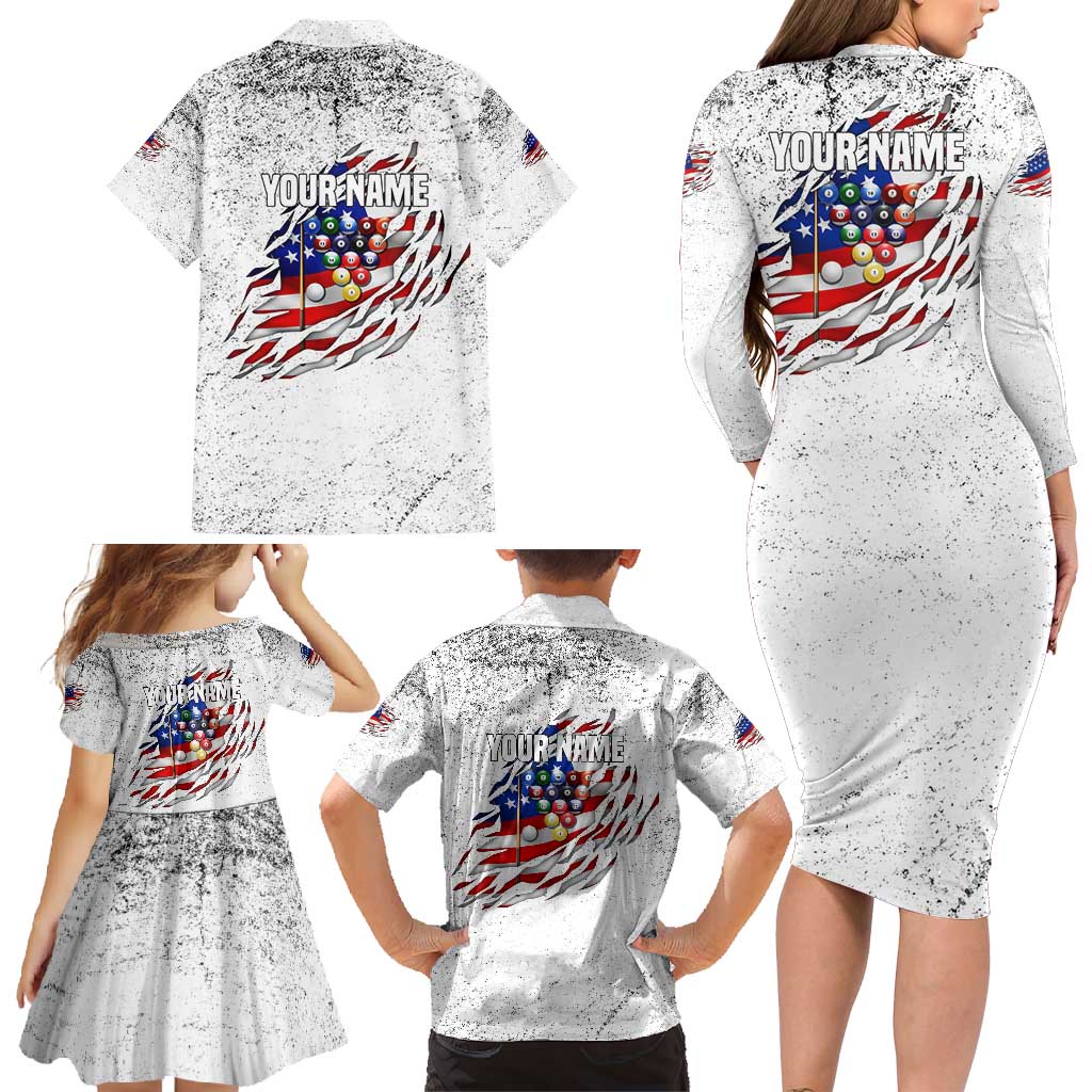 Custom American Flag Billiards Family Matching Long Sleeve Bodycon Dress and Hawaiian Shirt with Ripped Design Pool Ball Graphic - Wonder Print Shop