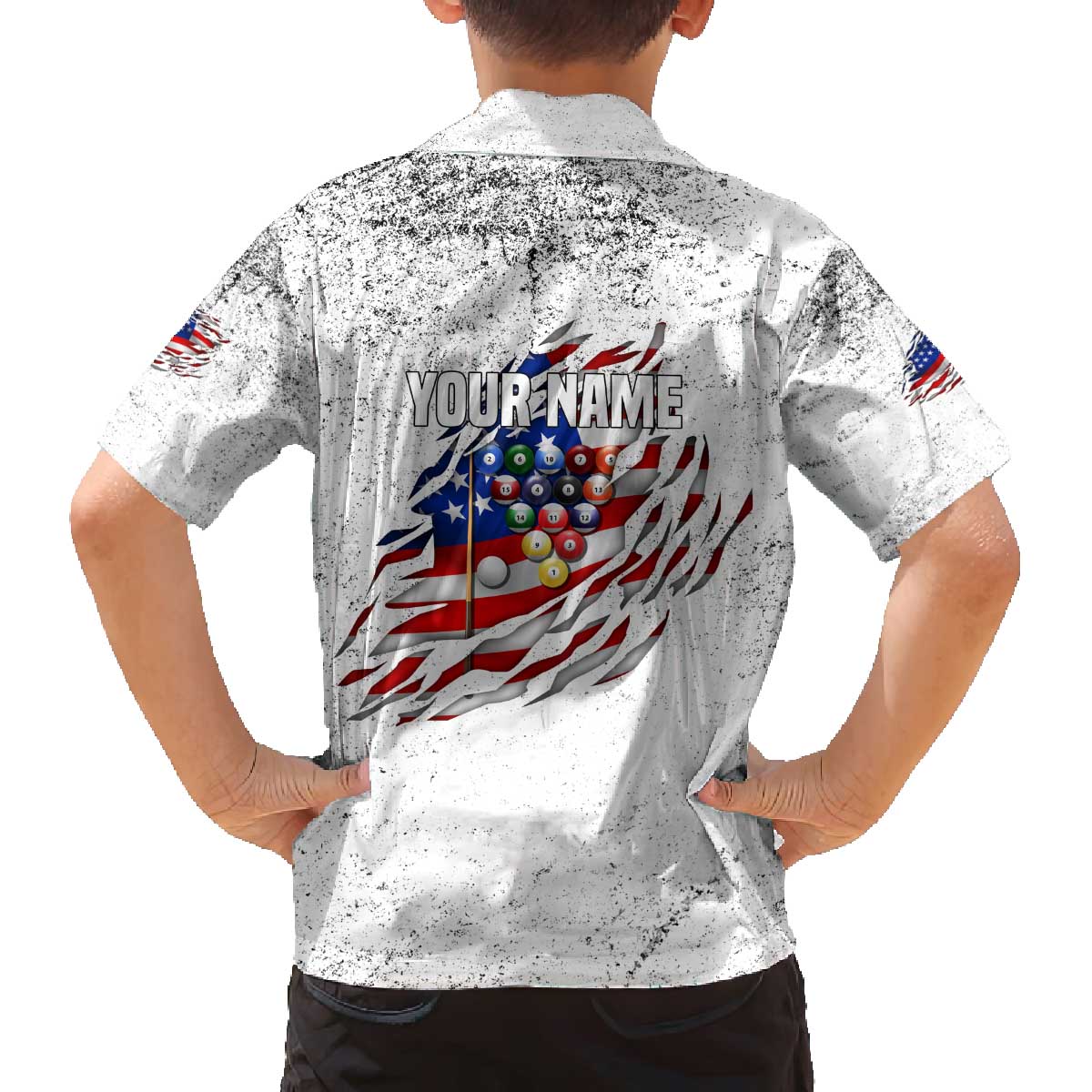 Custom American Flag Billiards Family Matching Off The Shoulder Long Sleeve Dress and Hawaiian Shirt with Ripped Design Pool Ball Graphic - Wonder Print Shop