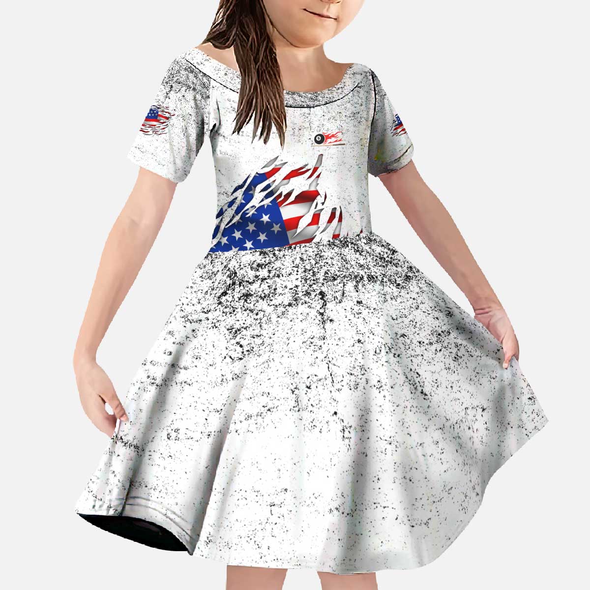 Custom American Flag Billiards Family Matching Off The Shoulder Long Sleeve Dress and Hawaiian Shirt with Ripped Design Pool Ball Graphic - Wonder Print Shop
