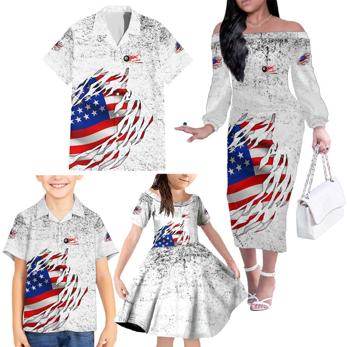 Custom American Flag Billiards Family Matching Off The Shoulder Long Sleeve Dress and Hawaiian Shirt with Ripped Design Pool Ball Graphic - Wonder Print Shop