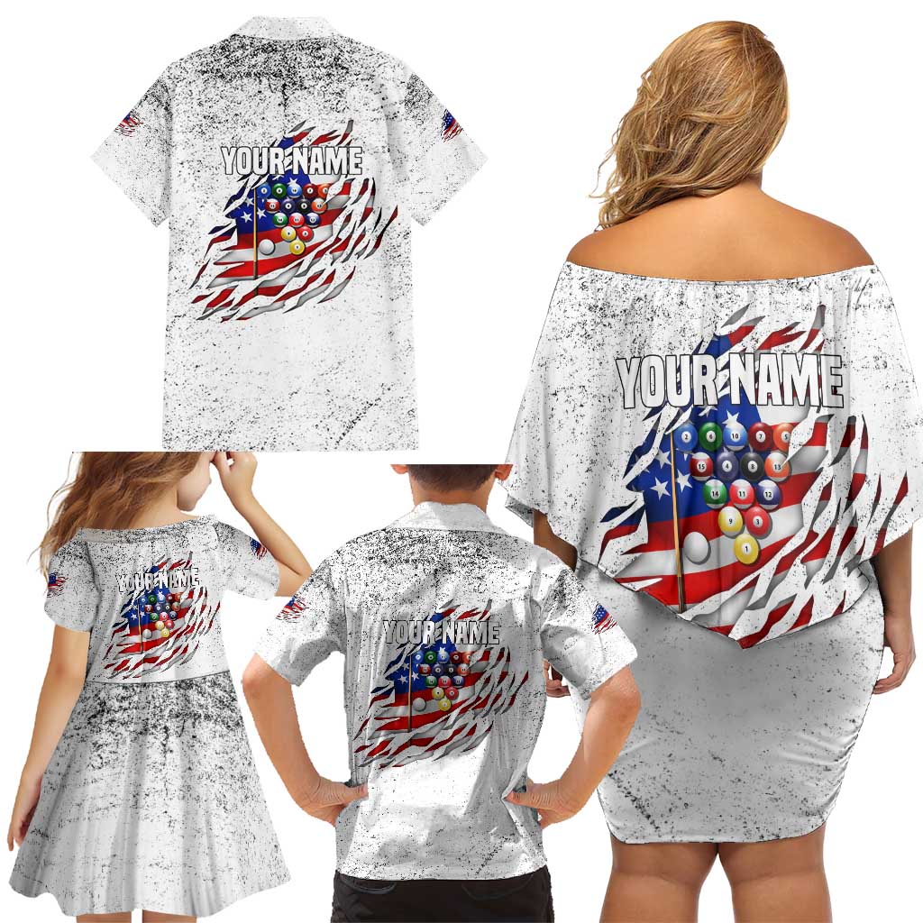 Custom American Flag Billiards Family Matching Off Shoulder Short Dress and Hawaiian Shirt with Ripped Design Pool Ball Graphic - Wonder Print Shop