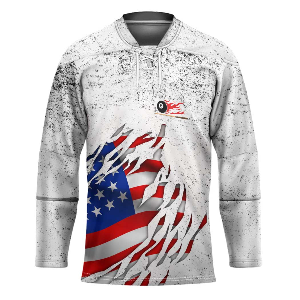 Custom American Flag Billiards Hockey Jersey with Ripped Design Pool Ball Graphic - Wonder Print Shop