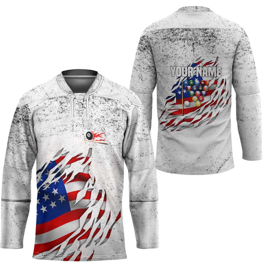 Custom American Flag Billiards Hockey Jersey with Ripped Design Pool Ball Graphic - Wonder Print Shop