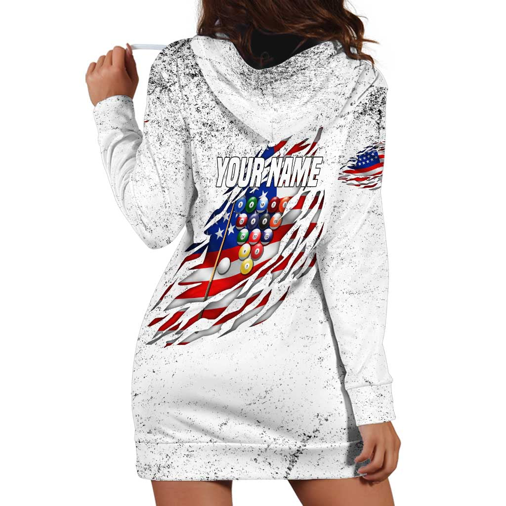 Custom American Flag Billiards Hoodie Dress with Ripped Design Pool Ball Graphic - Wonder Print Shop