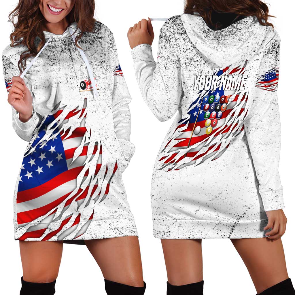 Custom American Flag Billiards Hoodie Dress with Ripped Design Pool Ball Graphic - Wonder Print Shop