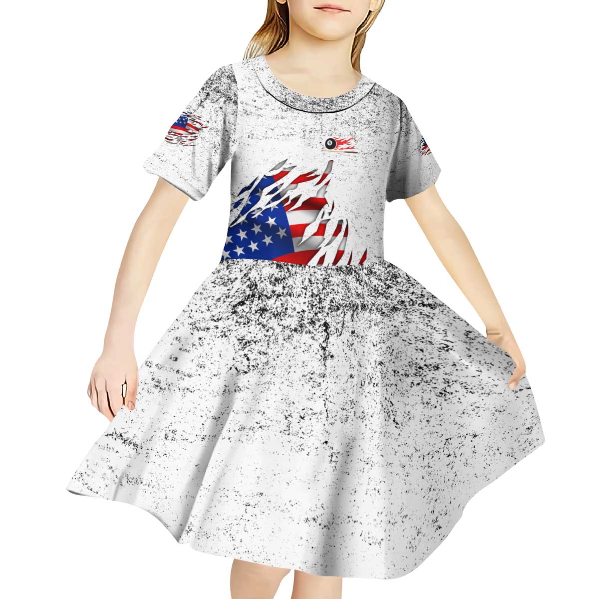 Custom American Flag Billiards Kid Short Sleeve Dress with Ripped Design Pool Ball Graphic - Wonder Print Shop