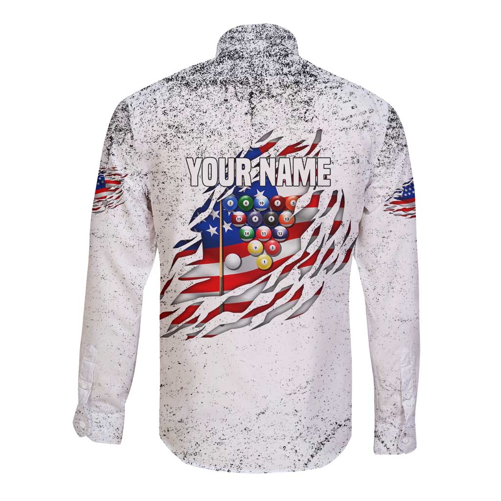 Custom American Flag Billiards Long Sleeve Button Shirt with Ripped Design Pool Ball Graphic - Wonder Print Shop