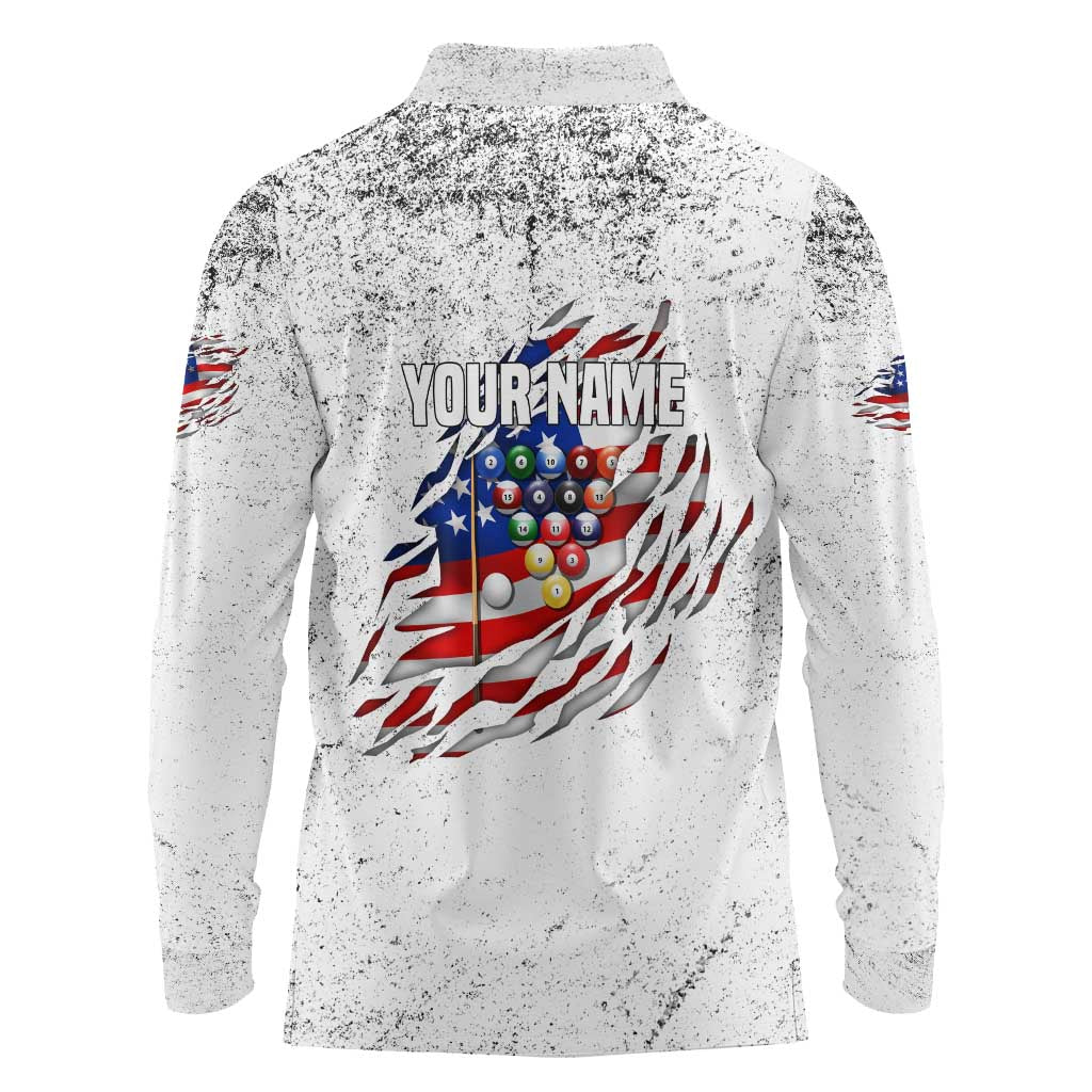 Custom American Flag Billiards Long Sleeve Polo Shirt with Ripped Design Pool Ball Graphic - Wonder Print Shop