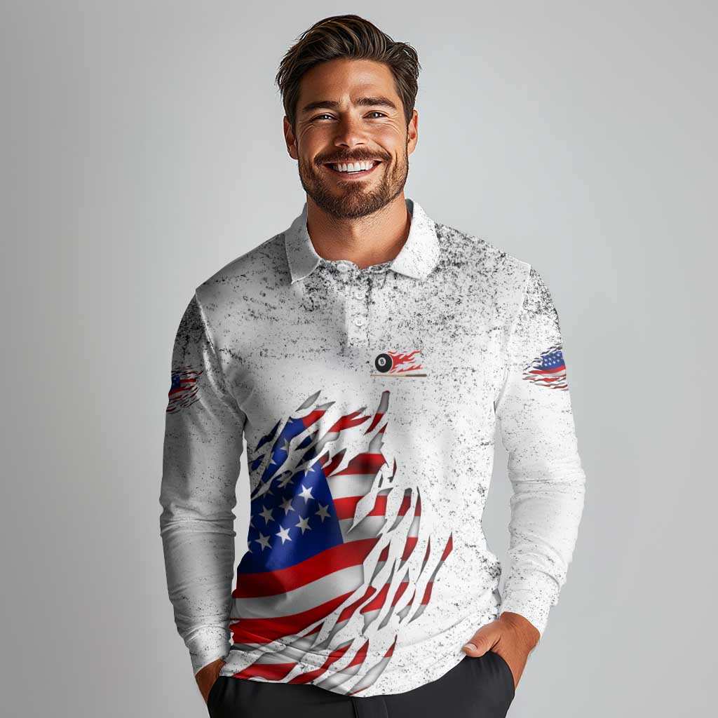 Custom American Flag Billiards Long Sleeve Polo Shirt with Ripped Design Pool Ball Graphic - Wonder Print Shop